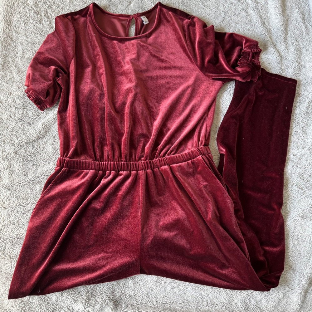 Old Navy Burgundy Velvet Jumpsuit Puff‎ Sleeve Holiday Party Glam L